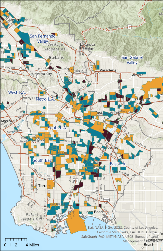 Figure X. Los Angeles County Census Tracts with a Double Burden of Food Desert and Food Assistance Desert, based on data from the U.S. Department of Agriculture, the Los Angeles Regional Food Bank, and Findhelp.org (December 2020). Census tracts that are (a) food deserts, where many residents are low-income and do not have close access to a supermarket (YELLOW), (b) food deserts with no food assistance providers (e.g., food pantry) within their census tract boundaries (BLUE), and (c) food deserts with no food assistance providers within their census tract boundaries or within 0.5 miles of their boundaries (MAROON) are primarily located in the southern region of L.A. County and clustered around the interstate highways.